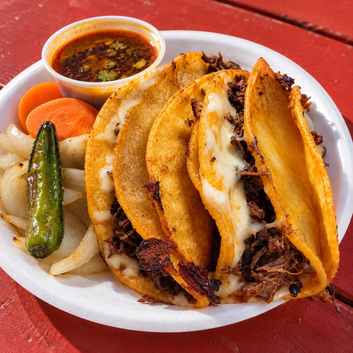 Crispy orange quesabirria tacos filled with shredded beef and melted cheese