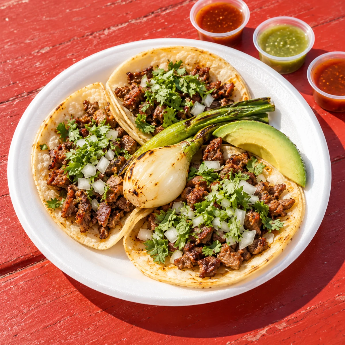 Carne asada taco plate with onion, cilantro, avocado, and a grilled spring onion